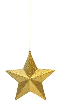 Golden Christmas decoration star hanging isolated on white background