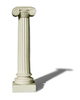 Greek Ionian style marble column standing, with shadow on white background