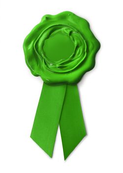 Green eco warranty seal with ribbon, isolated on white background