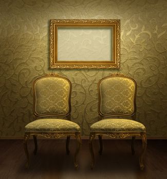 Two antique chairs and empty frame in gold brocade decorated room