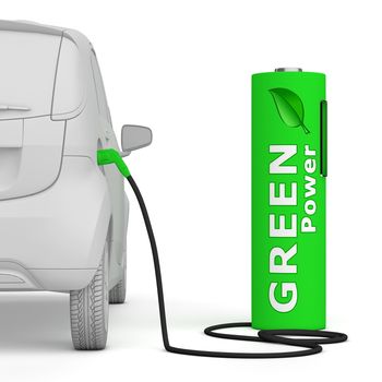 alternative energy green power - a green battery as a fuel pump fuels an E-Car - back view, square aspect ratio