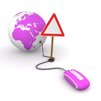 purple computer mouse is connected to a purple globe - surfing and browsing is blocked by a triangular red-white warning sign that cuts the cable - empty template sign