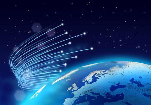 Optical fibres internet speed around blue planet, dark space background