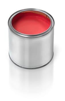 Tin metal can filled with red paint, on white background