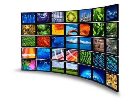 Multimedia wide screen monitor wall with colorful images