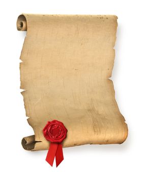 Old ragged parchment roll with red wax seal
