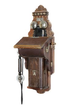 Old wooden telephone apparatus on white background isolated