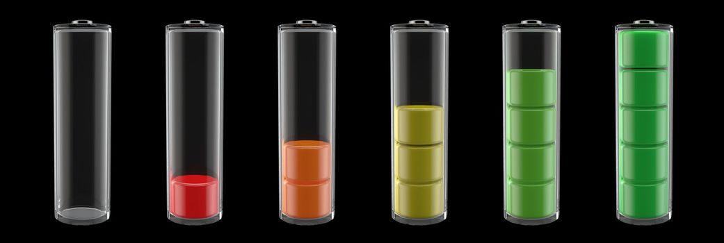 transparent batteries with six different charge levels from 0% to 100%, red, orange, yellow, green - black background