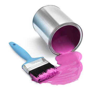 Magenta red paint tin can fallen with blue brush on white background isolated