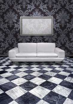 Modern white leather sofa and silver plated frame in room with black and white marble floor