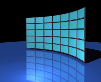 Widescreen monitor display wall on dark blue reflective background