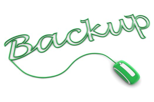 modern glossy green computer mouse is connected to the shiny green word BACKUP - letters a formed by the mouse cable
