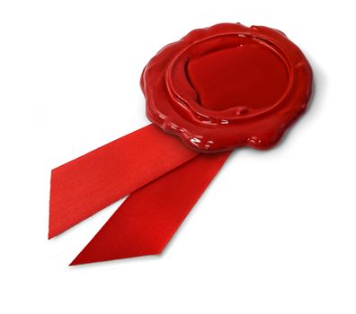 Red wax seal with ribbon isolated on white background