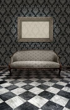 Classic antique sofa and silver plated frame in room with black and white checkered marble floor