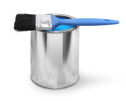 Paint brush with blue paint can isolated on white background