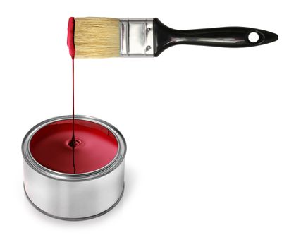 Glossy red paint dripping from brush in tin can