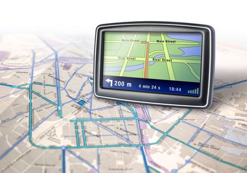 Gps auto navigator device on city map background