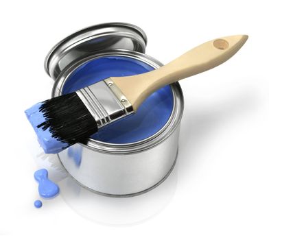 Home improvement paint brush and opened can of blue paint