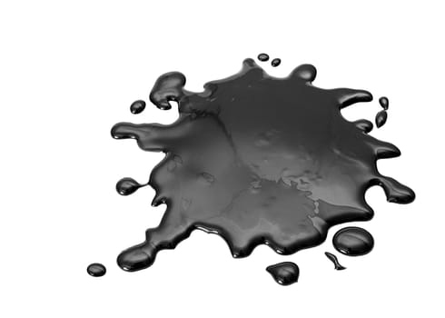 Black oil spill splash and drops on white background