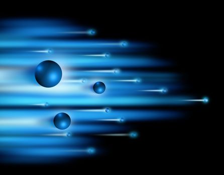 Blue electrons and blurred lights forming sabres of speed and motion