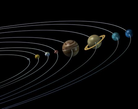 Solar system 3d illustration planets on orbit black background