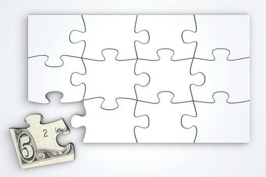 white puzzle template - one piece with 5 Dollar note separately - top view