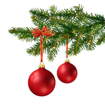 Two satin red glass balls hanging on green Christmas tree branch