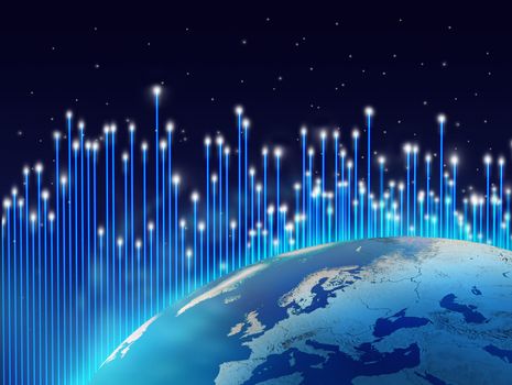 Optical fibres surrounding planet Earth, communication concept