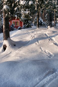 Wooden Christmas red hut deep in snow covered winter forest