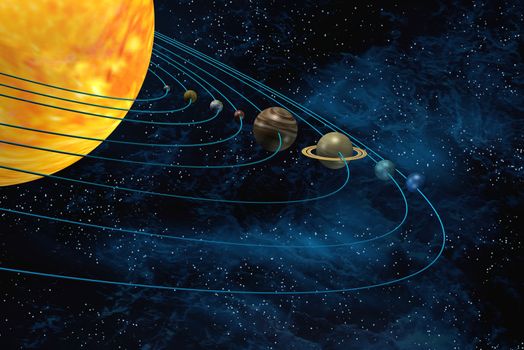 Solar system 3d illustration sun and planets on starfield background