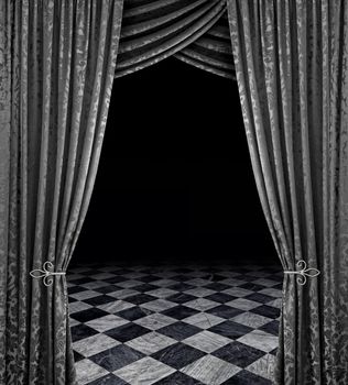 Silver curtains reveal open stage with checkered marble floor