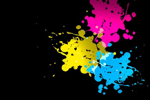 Splatters of process cyan magenta yellow on black background