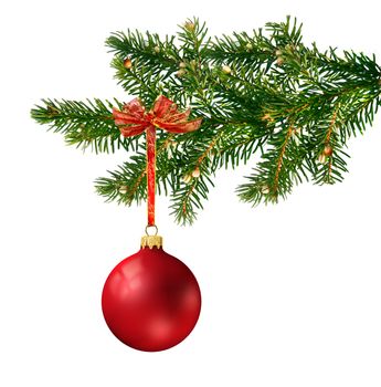 Satin red glass ball hanging on green Christmas tree branch