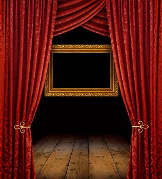 Red stage curtains reveal golden frame and old wooden floor