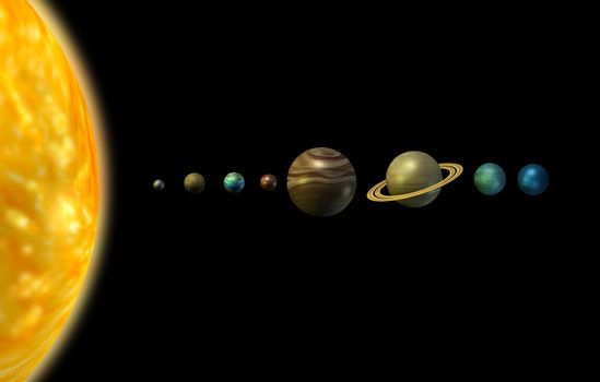 Solar system 3d illustration sun and planets on black background