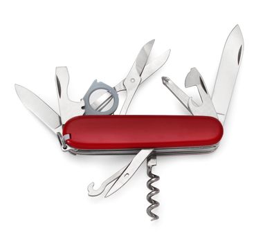 Multi-purpose swiss army knife opened with many tools available