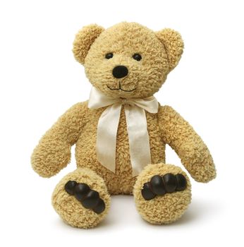 Cute teddy bear sitting happy on white background isolated