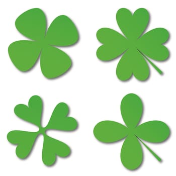 Four green cloverleafs on a white background