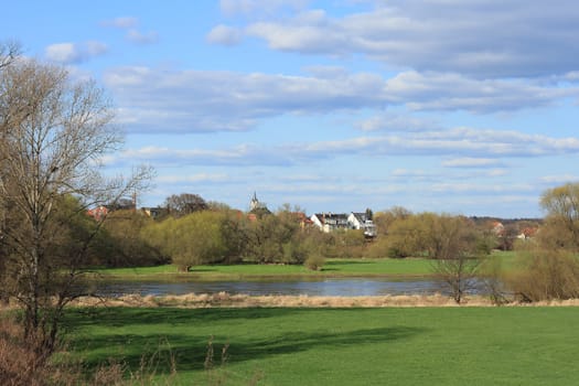 View over the meadows and the Elbe river in Saxony-Anhalt / Germany after Rosslau