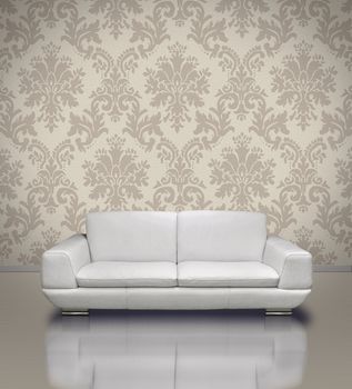Modern white leather sofa in light  damask pattern stucco wall room