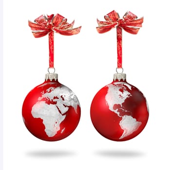 Red Christmas glass balls with silver world continents decoration, on white background