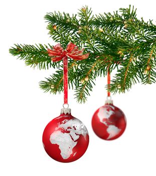 World continents glass balls hanging on green Christmas tree branch