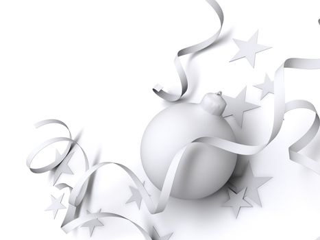 Christmas decorations of neutral tones in an environment of stars and a tinsel on a white background