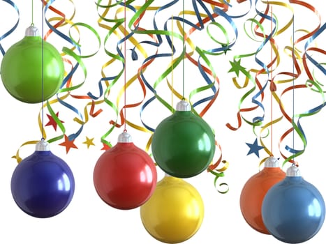 Christmas decorations of different colors on a white background
