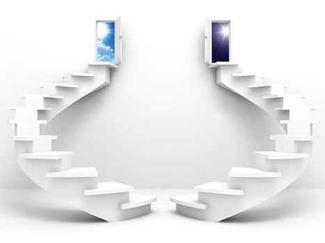 White twisted ladders and opened doors with day and night