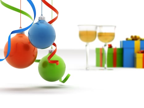 Christmas toys of different colours against glasses with champagne and gifts