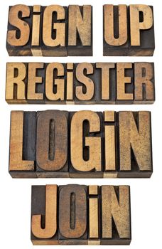 login, register, join, sign up - internet and networoking terms - a collage of isolated words in vintage letterpress wood type