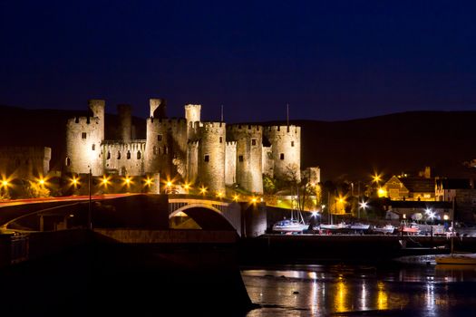 The medieval castle and quayside in Conwy Wales