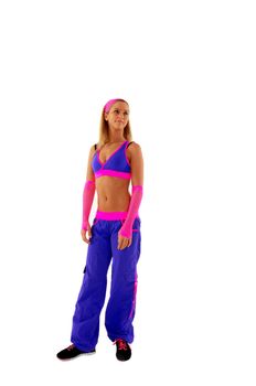 Young female fitness instructor on white isolated background