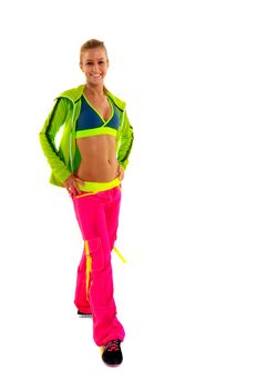 Young female fitness instructor on white isolated background